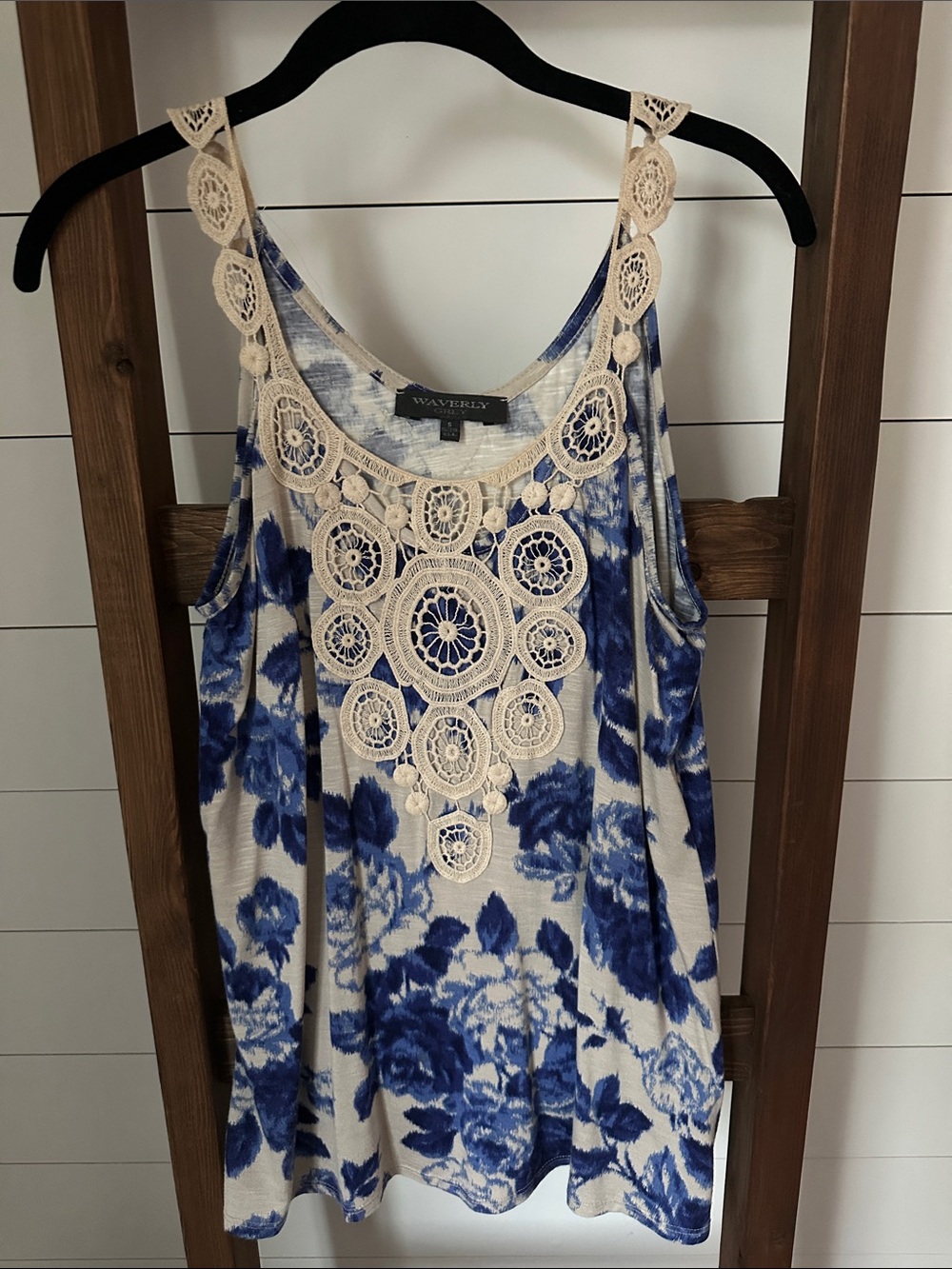 Waverly Blue and Cream Floral Crochet-Trim Camisole